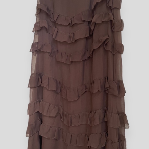 d.b.y. Designs Chocolate Brown Pure Silk Ruffled Lined Maxi Skirt Size 10 - Picture 4 of 7